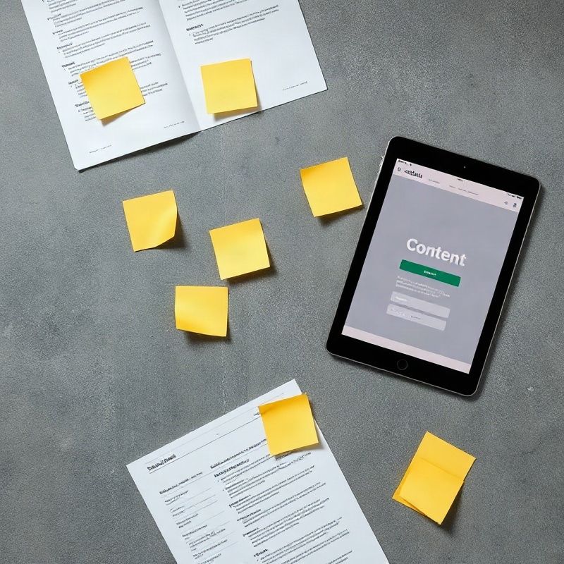 Documentos y flujo editorial sobre una mesa slate con tableta mostrando Notion