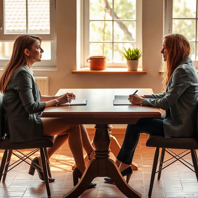 Dos personas conversando en una mesa slate con cuadernos abiertos